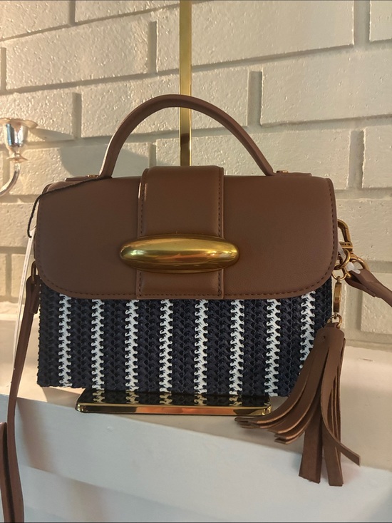 Steve Madden Handbags - Steve Madden Brown and Navy Woven Style Top-Handle Satchel Crossbody with Tassel